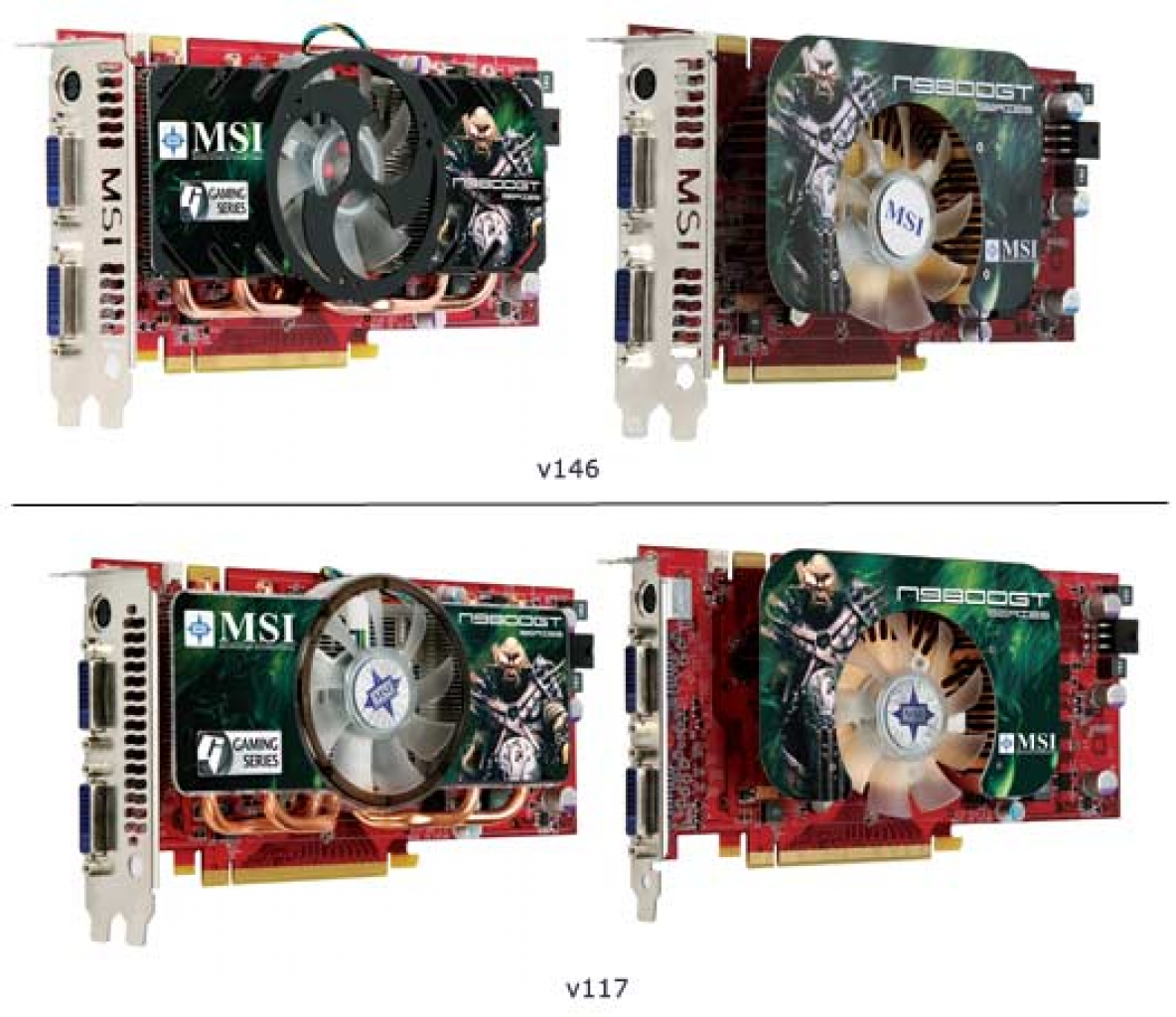 [31/07/2008] Die vier N9800GT-T2D512-OC-Versionen(Bild:tcmagazine.com)