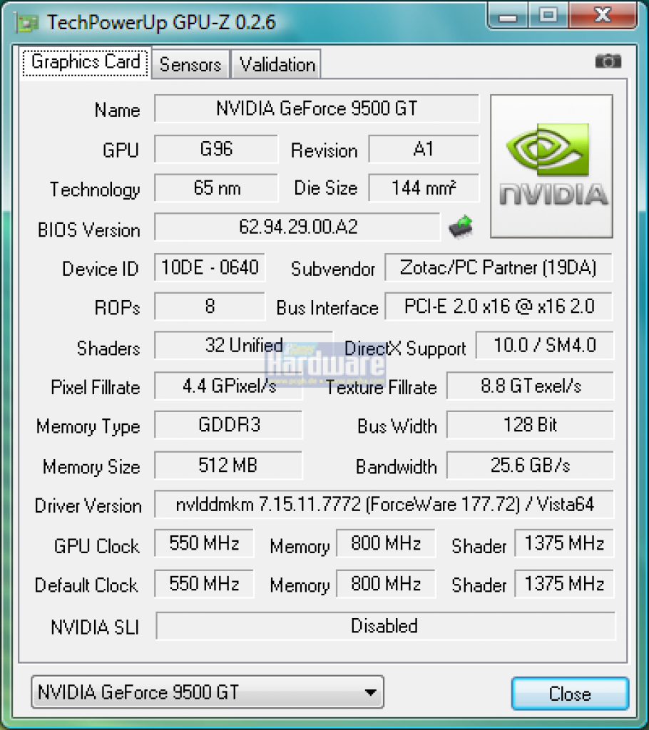 [29/07/2008] Geforce 9500 GT: GPU-Z-Shot - das Tool liest die GPU-Version allerdings noch falsch aus. Richtig ist, dass es sich beim PCGH-Sample mit einer gemessenen Die-Größe von 119mm² um die G96B-Version in 55 Nanometer-Fertigung.