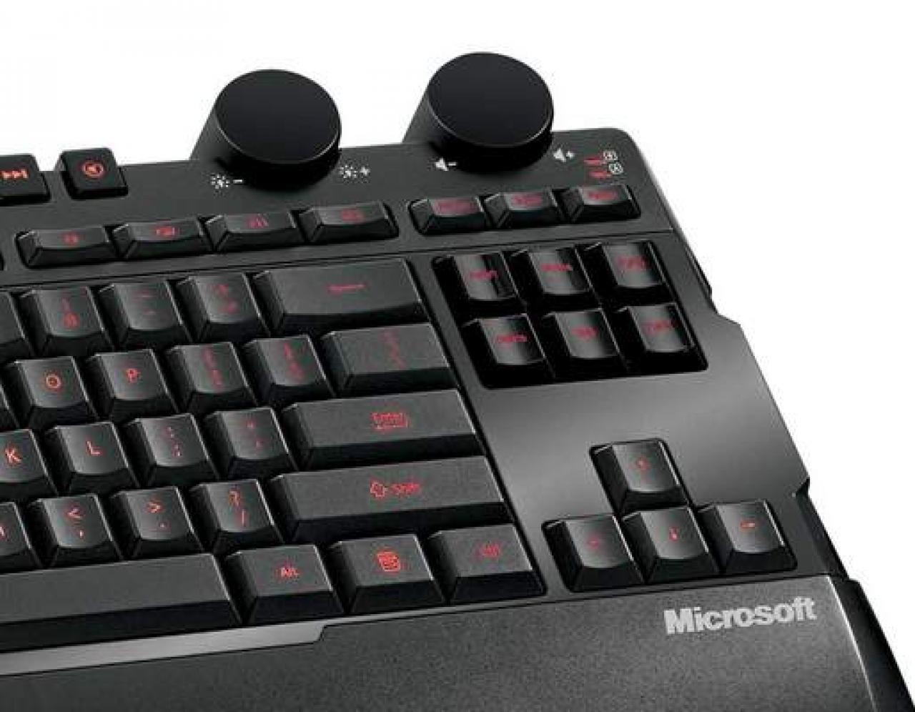[20/08/2008] Microsoft Sidewinder X6 Keyboard: Hier sieht man im Detail die beiden Drehregler für Beleuchtung und Lautstärke.