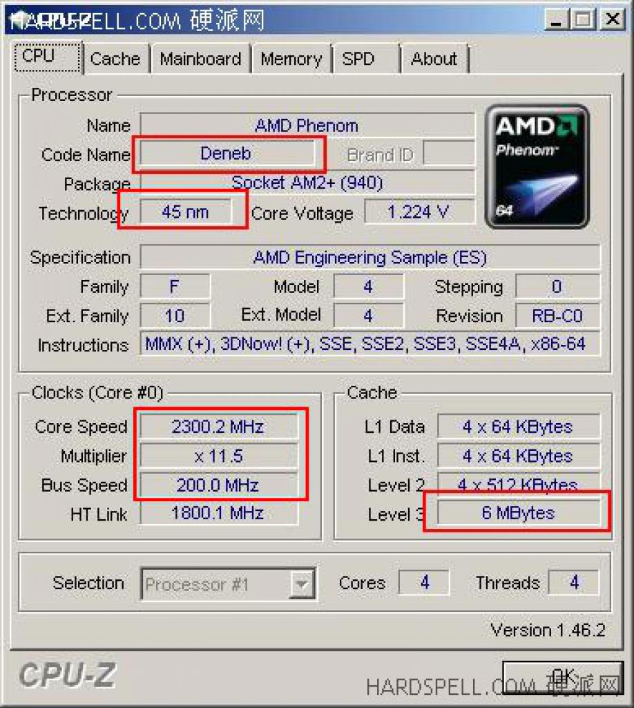 [06/08/2008] CPU-Z-Shot von AMDs neuem 45-Nanometer-Phenom. (Bild: Hardspell)