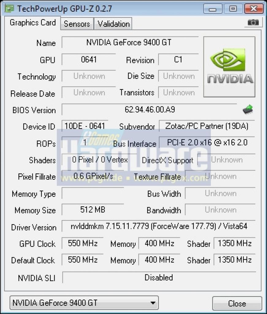 [25/08/2008] Geforce 9400 GT: GPU-Z liest einiges noch falsch aus, es handelt sich aber um einen G96b in 55-nm-Fertigung (Bild: PCGH)