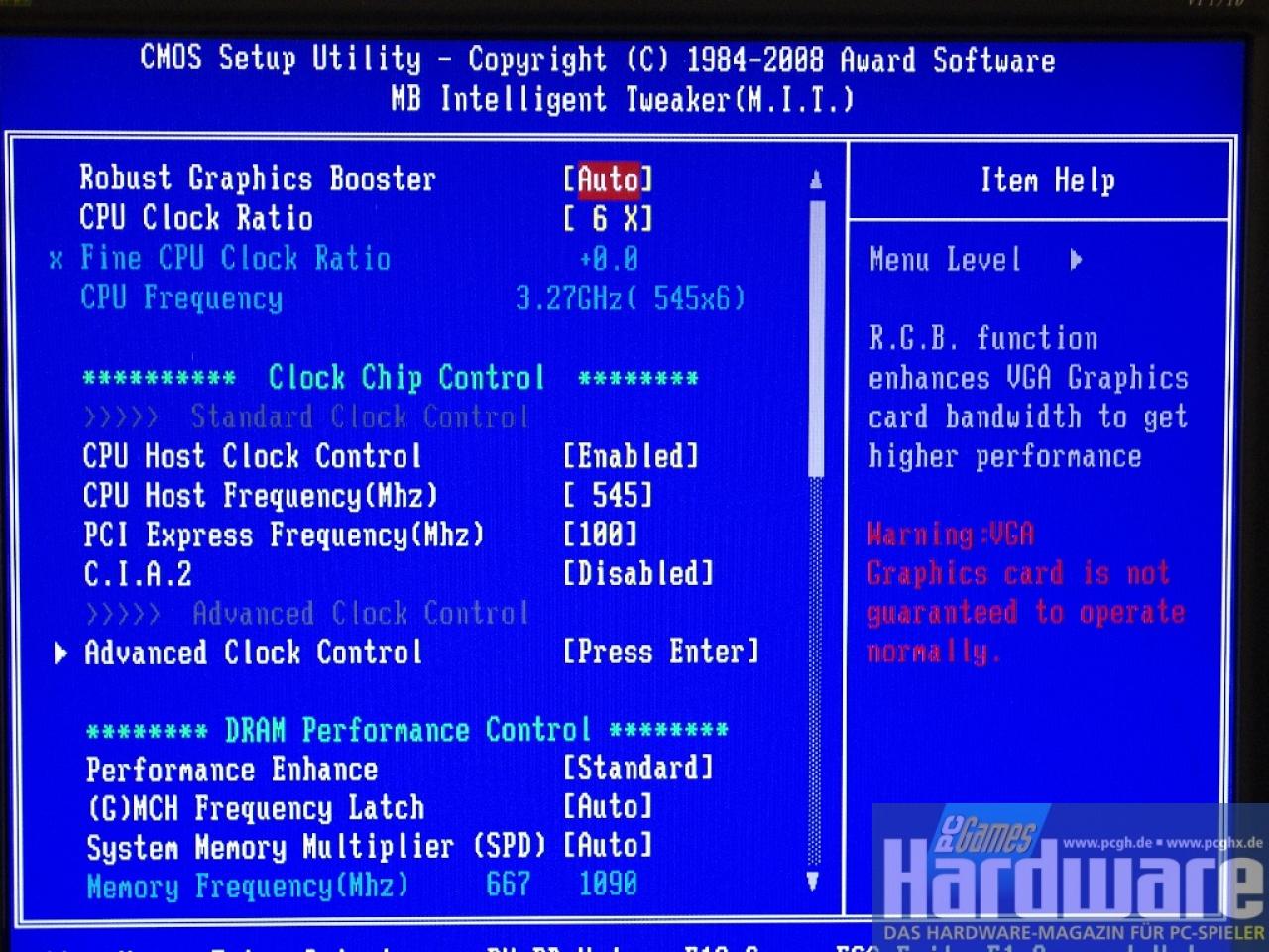 [28/08/2008] Gigabyte EP45-Extreme: Mit diesen BIOS-Einstellungen waren 545 MHz FSB möglich. (Bild: PCGH)