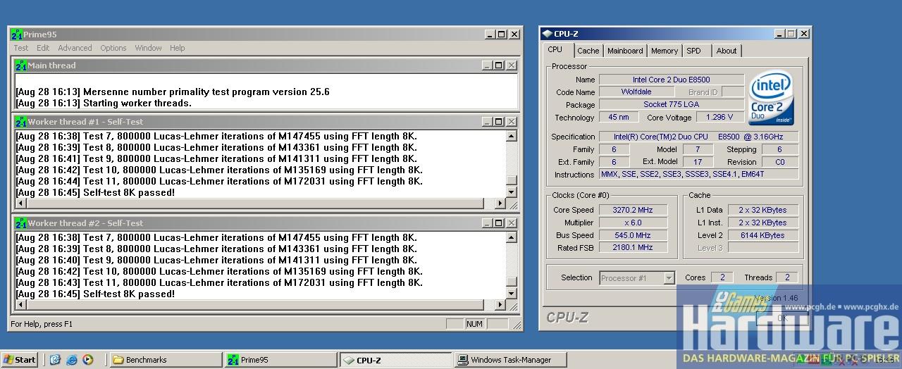 [28/08/2008] Gigabyte EP45-Extreme: Prime 95 lief mit 545 MHz FSB fehlerfrei. (Bild: PCGH)