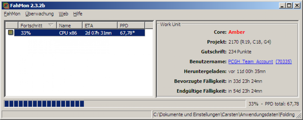[03/08/2008] Folding@Home: Jeder noch so kleine Beitrag zählt! Hier im Bild der x86-Singlecore-Client auf einem 1,6-GHz-Pentium-M im Notebook.