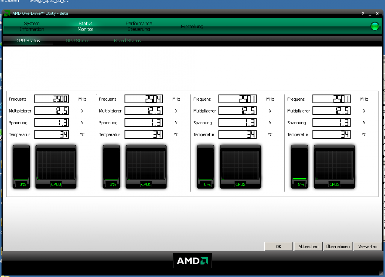 [01/08/2008] Die aktuelle Betaversion von AMDs Overdrive-Tool zeigt ebenfalls den 1-Pixel-Spalt zwischen Taktzahl und Rand (nur) bei Kern Nummer 1. Auch dies ist also kein Beweis für eine Fälschung.