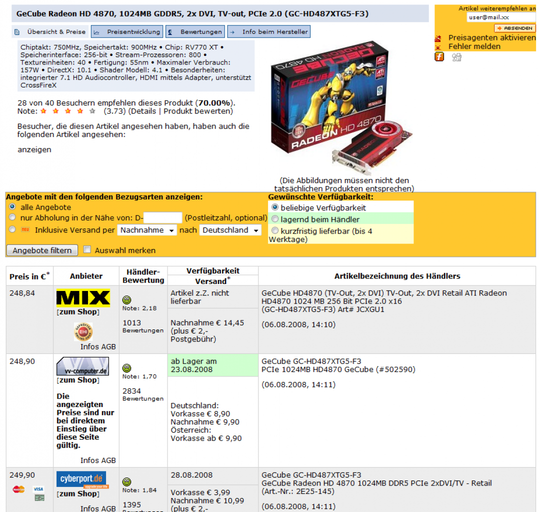 [06/08/2008] Ab heute findet sich auch eine Radeon HD 4870 mit 1.024 MiByte GDDR5 Speicher von Sapphire im PCGH-Preisvergleich. (Hier im Bild: Die Radeon HD 4870 512 MiByte)