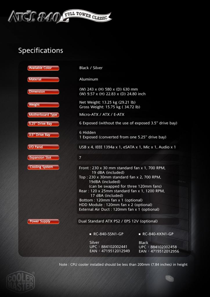 [23/09/2008] Coolermaster ATCS 840: die Spezifikationen. (Bild: Coolermaster)