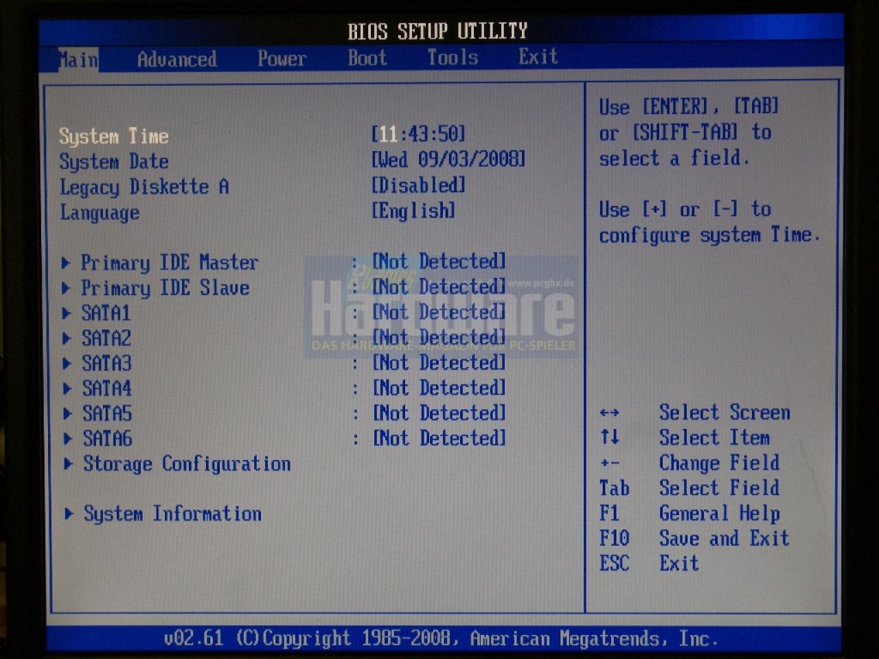 [23/09/2008] BIOS Menü der 790FX-Platine M3A79-T Deluxe von Asus. (Tabelle: PCGH)