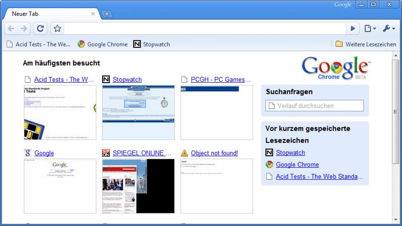 [03/09/2008] Beim Start des Browsers wird eine Übersicht mit häufig besuchten Seiten angezeigt.