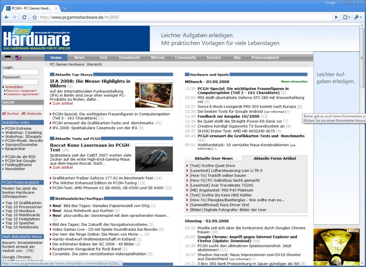 [03/09/2008] So wird PCGH mit Chrome dargestellt.