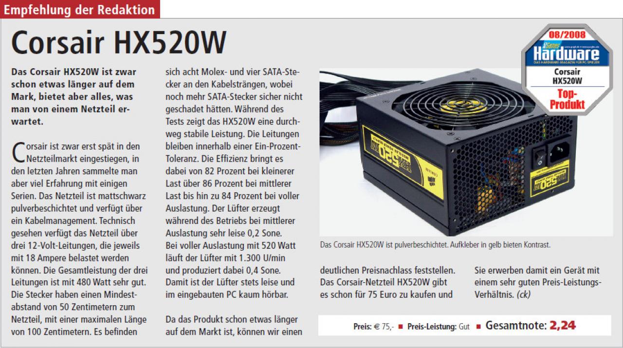 [30/09/2008] Testbericht des Corsair HX520W in Ausgabe 08/2008