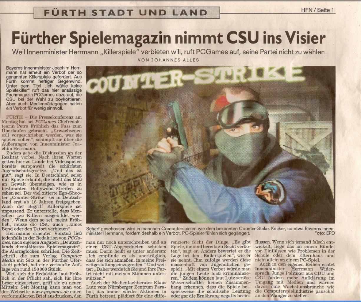 [06/09/2008] Die Fürther Nachrichten berichten in ihrer Samstagsausgabe auf Seite 1 über die Aktion von PC Games.