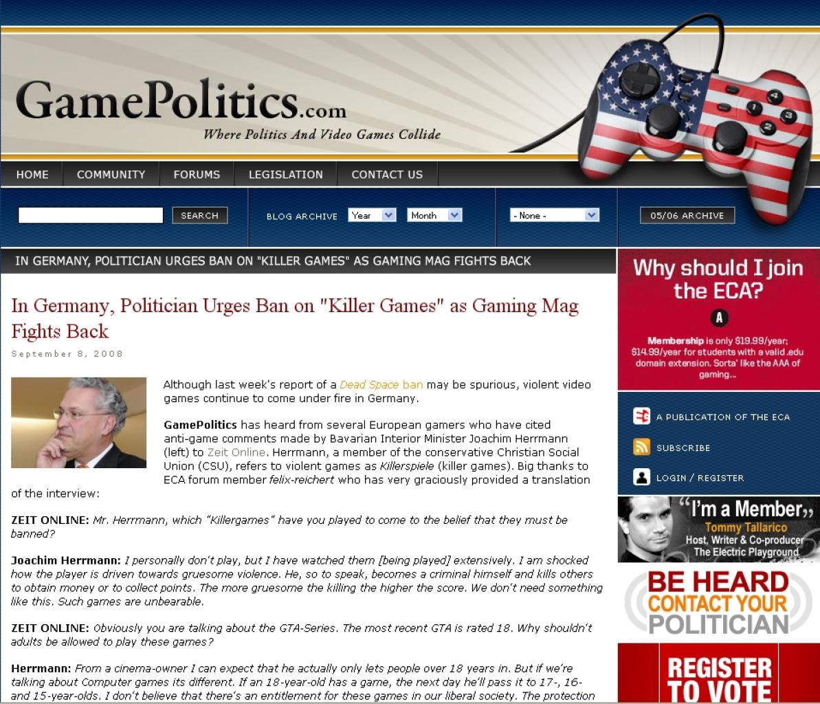 [09/09/2008] Die US-Website gamepolitics.com übersetzt das ZEIT-Interview mit Joachim Herrmann und verweist auf die PC-Games-Aktion.