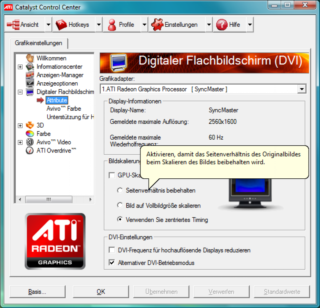 [09/09/2008] Nun schon seit einigen Treiberrevisionen wird auch die pixelgenaue Darstellung kleinerer Auflösungen auf LCDs unterstützt - so auch mit dem Catalyst 8.53.