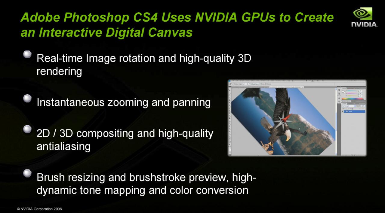 [30/09/2008] Die Features in Photoshop CS4, die von GPU-Beschleunigung profitieren.
