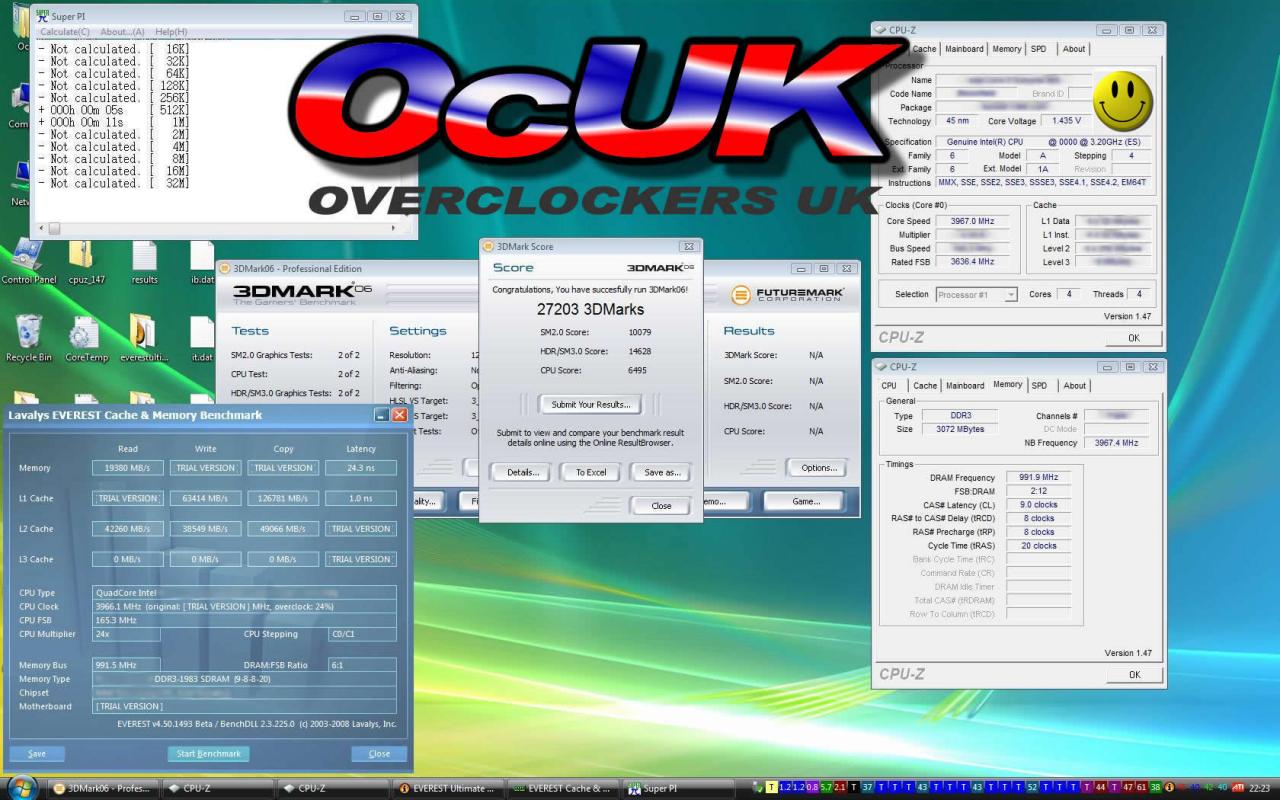 [06/09/2008] Das Everest-Tool unten links lässt vermuten das Intel mit seinen Nehalem-CPUs bereits das C-Stepping erreicht hat. (Bild:overclockers.co.uk)