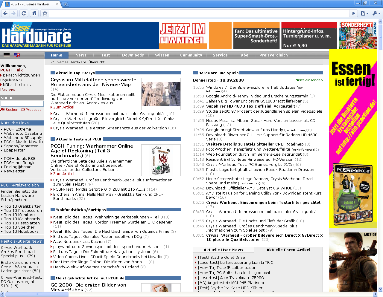 [22/09/2008] So wird die PCGH Main nach der Umstellung aussehen: Ihr Userprofil ist zentral links oben.