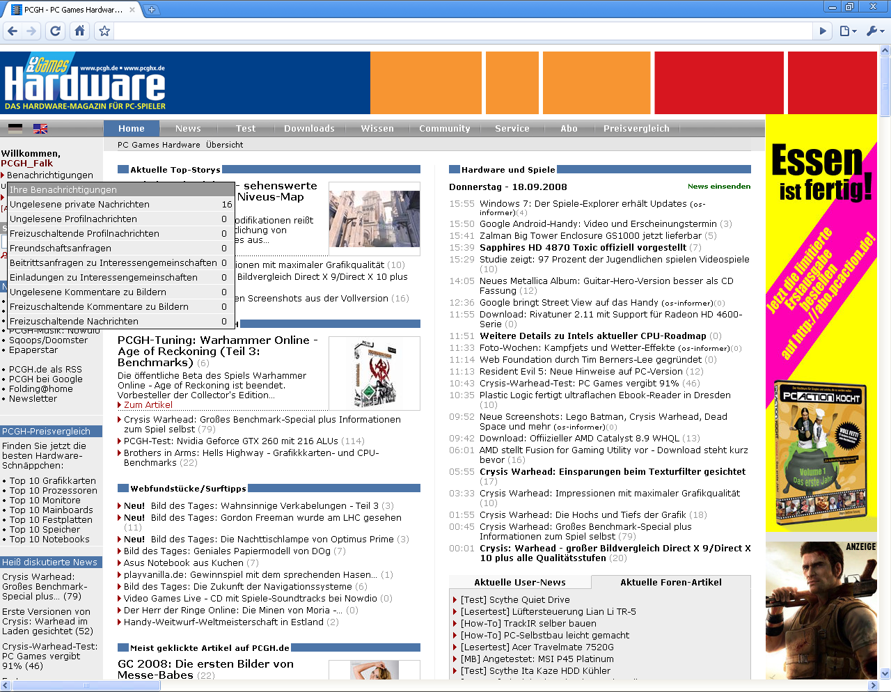 [22/09/2008] Die PCGH Main nach der Umstellung: Benachrichtungen aus dem Forum lassen sich direkt anwählen.