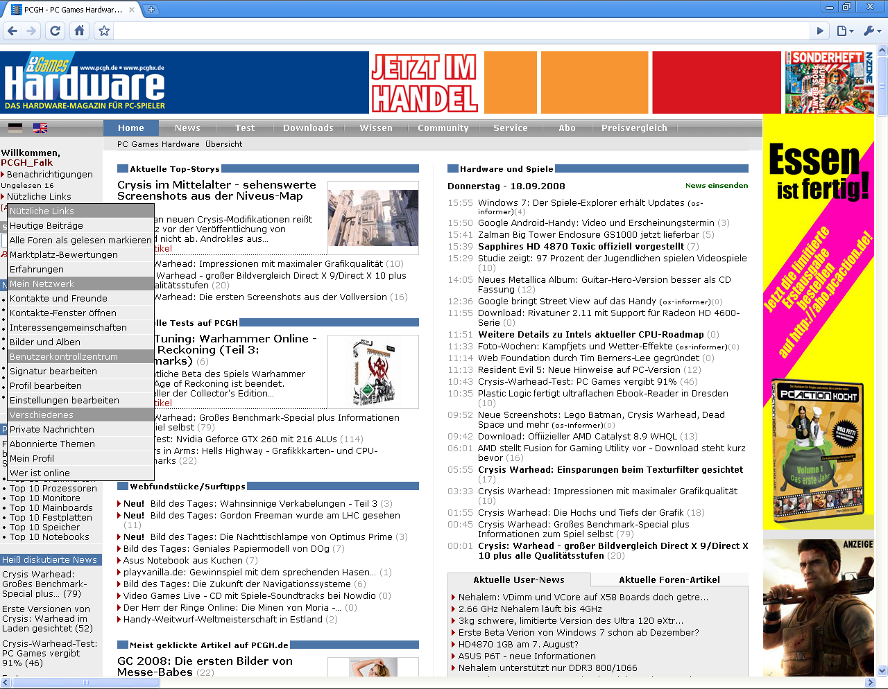 [22/09/2008] Die PCGH Main nach der Umstellung: Nützliche Links aus dem Forum lassen sich direkt anwählen.