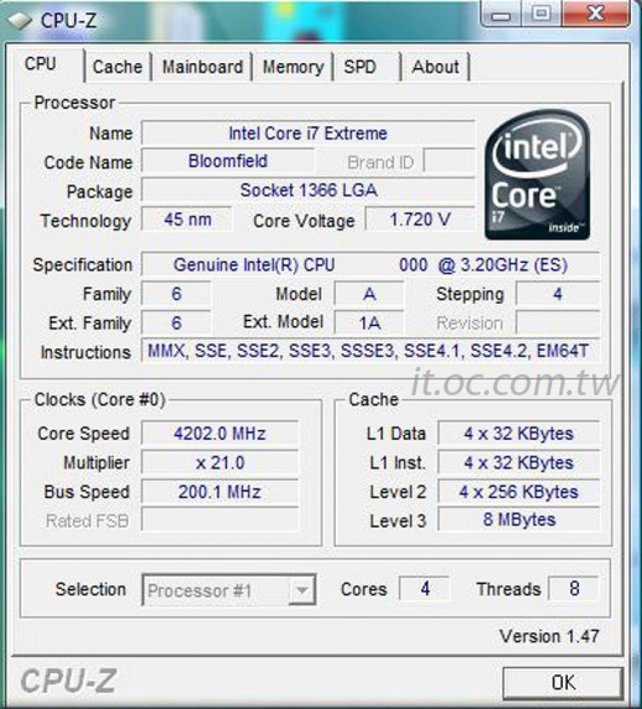 [13/10/2008] Core i7 965 auf 4.2GHz übertaktet (Bild:it.oc.com.tw)