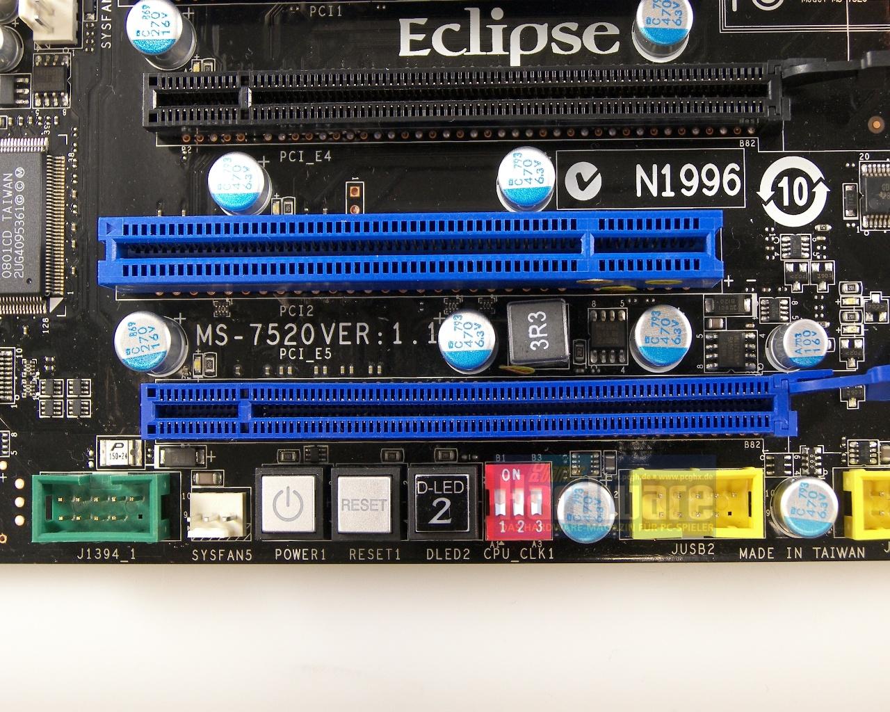 [13/10/2008] MSI Eclipse SLI: Im unteren Bereich befinden sich Power- sowie Reset-Tasten und ein Umschalter für das Diagnose-Display D-LED 2. (Bild: PCGH)