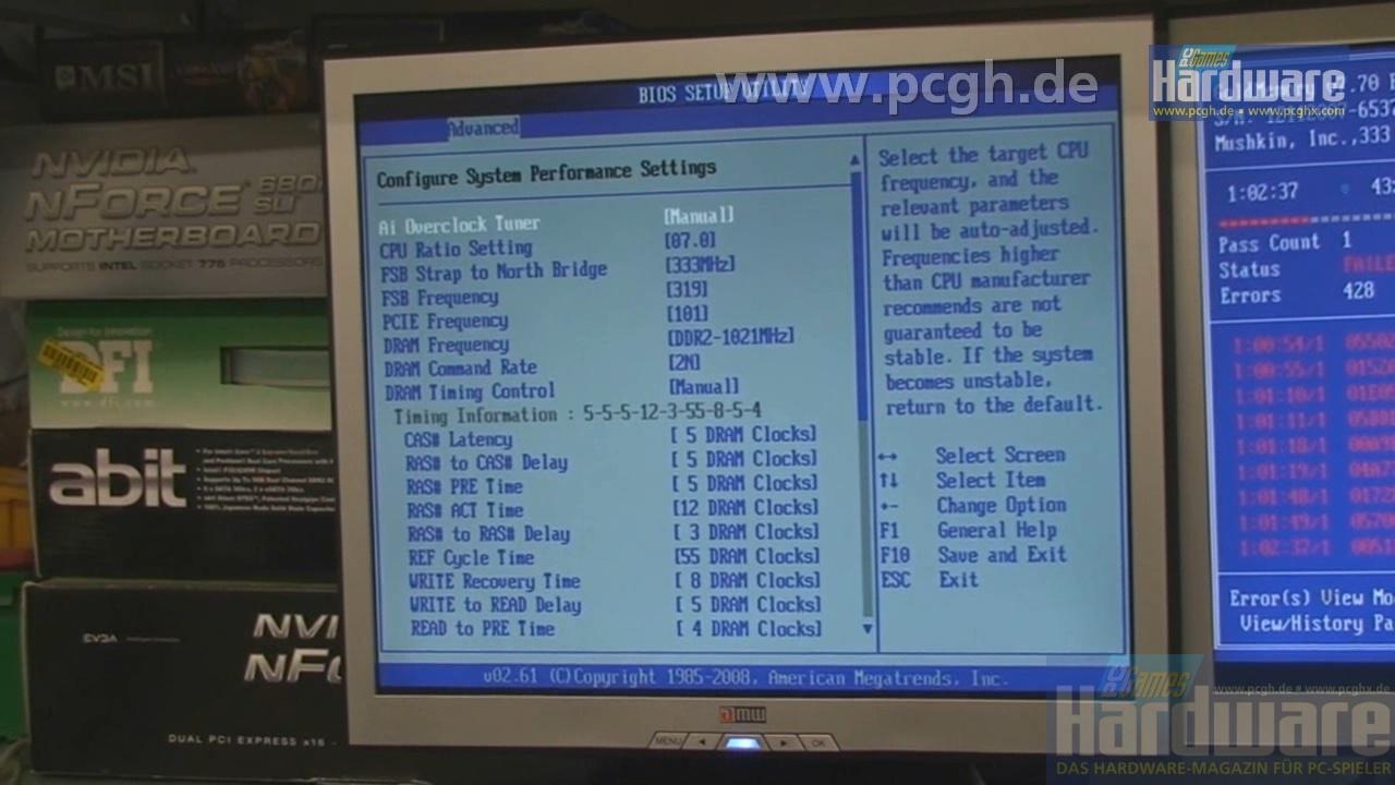[12/10/2008] Hier sieht man die verwendeten BIOS-Einstellungen. Mushkin testet alle Module mit einem Sicherheits-Puffer. Anstelle der garantierten Einstellungen DDR2-1000, 5-5-5-12 und 2,1 Volt, wird das PCGH-RAM daher mit DDR2-1020, 5-5-5-12 und 2,06 Volt getestet. Nur wenn ein Kit, diese Werte schafft, wird es als PCGH-Speicher eingesetzt. Zeigt der Stabilitätstest Fehler an, dann werden die Module eine Kategorie tiefer eingeordnet und auf DDR2-800-Tauglichkeit getestet. (Bild: PCGH)