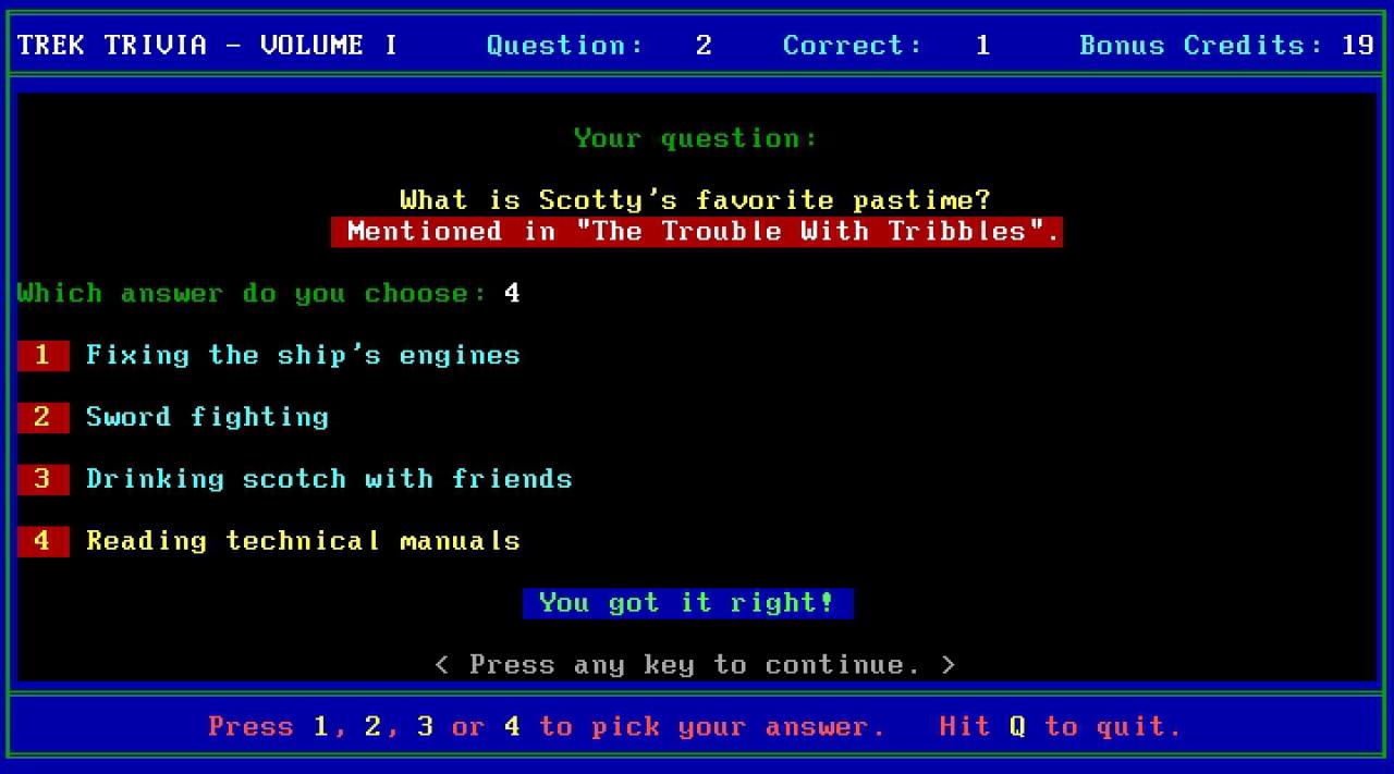 [02/10/2008] PC-Spiele im Star-Trek-Universum: Star Trek: Trek Trivia, 1988 (Bild: Mobygames.com) Quiz-Spiel wie You don´t know Jack - bloß ohne Nageln und lange vor dem bunten Quiz-Spektakel.