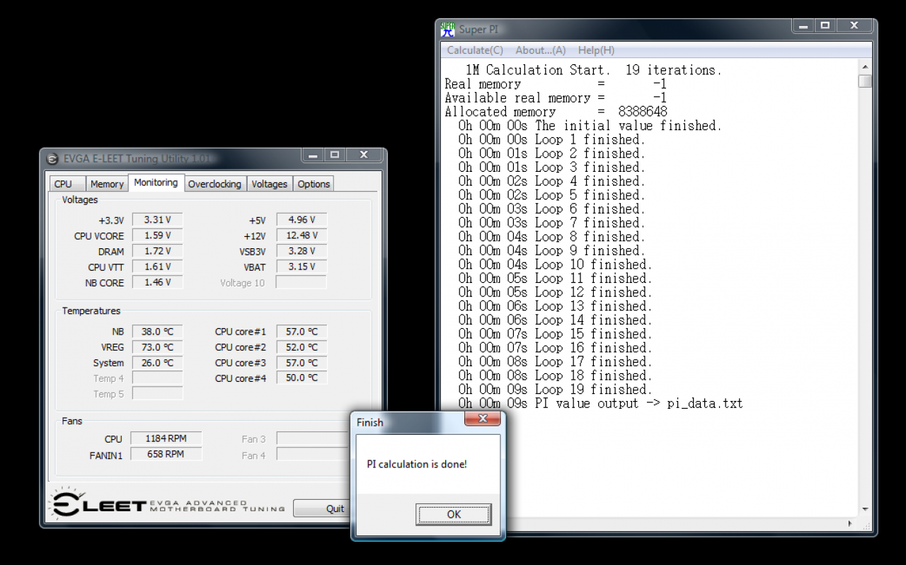 [24/11/2008] Core i7-920 mit 4,3 GHz: Temperaturen und Ergebnis von Super Pi 1M (Bild: vr-zone.com)