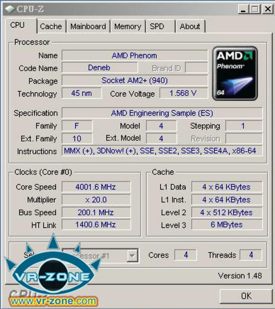 [26/11/2008] CPU-Z-Screenshot eines übertakteten AMD Phenom II X4 (Bild: VR-Zone)