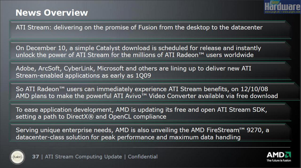 [13/11/2008] AMD präsentiert: Ati Stream - ausgeliefert per Catalyst 8.12 ab dem 10. Dezember.