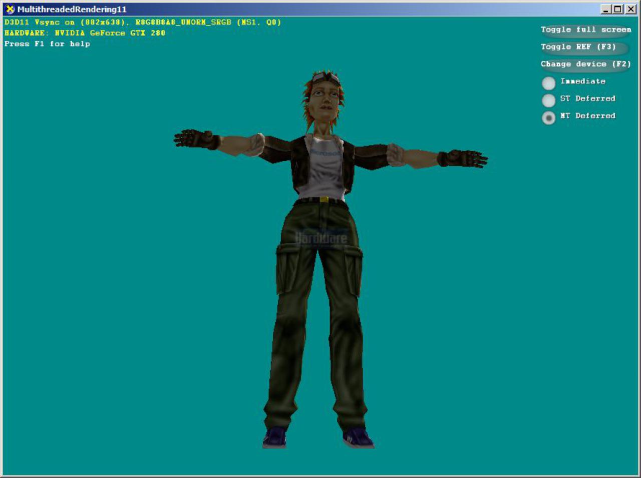 [06/11/2008] Direct X 11 Sample: Multihreaded-Rendering. (Für jede der insgesamt vier Figuren in dieser Szene - das Original und drei Spiegelungen - wird ein eigener CPU-Thread gestartet, der die Vorarbeit übernimmt. Dadurch kann eine per-Objekt-Parallelität erzeugt werden, was wesentlich schneller als die bisherige, serielle Methode ist. Diese Funktion kann bereits über heutige DX10-Hardware beschleunigt werden!)