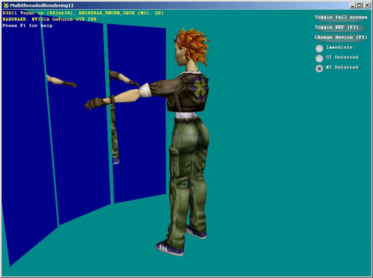 [06/11/2008] Direct X 11 Sample: Multihreaded-Rendering. (Für jede der insgesamt vier Figuren in dieser Szene - das Original und drei Spiegelungen - wird ein eigener CPU-Thread gestartet, der die Vorarbeit übernimmt. Dadurch kann eine per-Objekt-Parallelität erzeugt werden, was wesentlich schneller als die bisherige, serielle Methode ist. Diese Funktion kann bereits über heutige DX10-Hardware beschleunigt werden!)