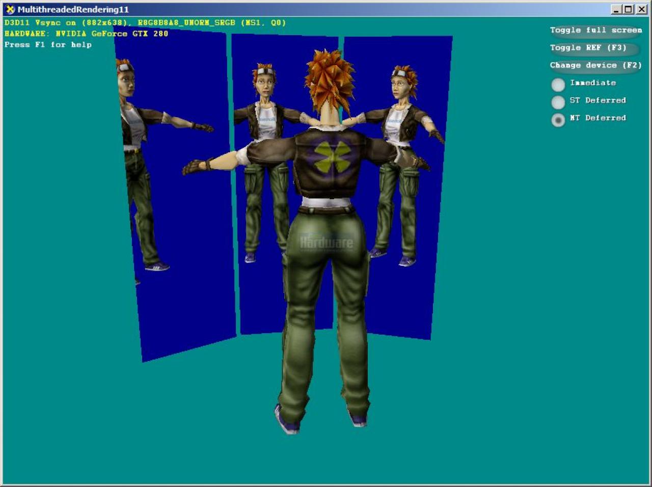 [06/11/2008] Direct X 11 Sample: Multihreaded-Rendering. (Für jede der insgesamt vier Figuren in dieser Szene - das Original und drei Spiegelungen - wird ein eigener CPU-Thread gestartet, der die Vorarbeit übernimmt. Dadurch kann eine per-Objekt-Parallelität erzeugt werden, was wesentlich schneller als die bisherige, serielle Methode ist. Diese Funktion kann bereits über heutige DX10-Hardware beschleunigt werden!)