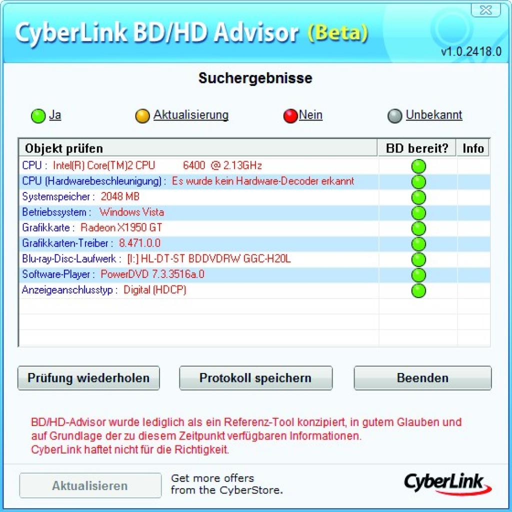 [20/11/2008] Cyberlink Advisor checkt, ob HD-Wiedergabe möglich ist.