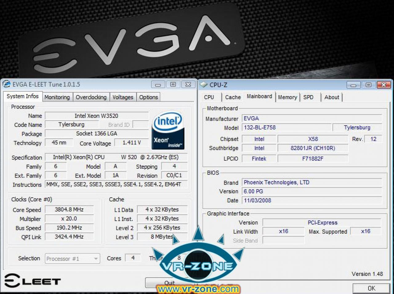 [05/11/2008] Evga X58 SLI lief bei VR-Zone auch mit 190 MHz QPI-Referenztakt. (Bild: VR-Zone)