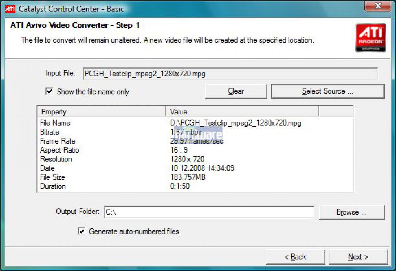 [10/12/2008] Ati Stream: Avivo Video-Converter im Praxistest: Sie können die Ausgangsdatei aus einer Vielzahl von Video-Formaten auswählen, darunter MPEG-2, DivX und andere.