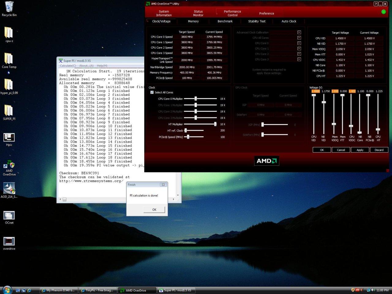 [23/12/2008] Super Pi 1M läuft mit 3,8 GHz.
