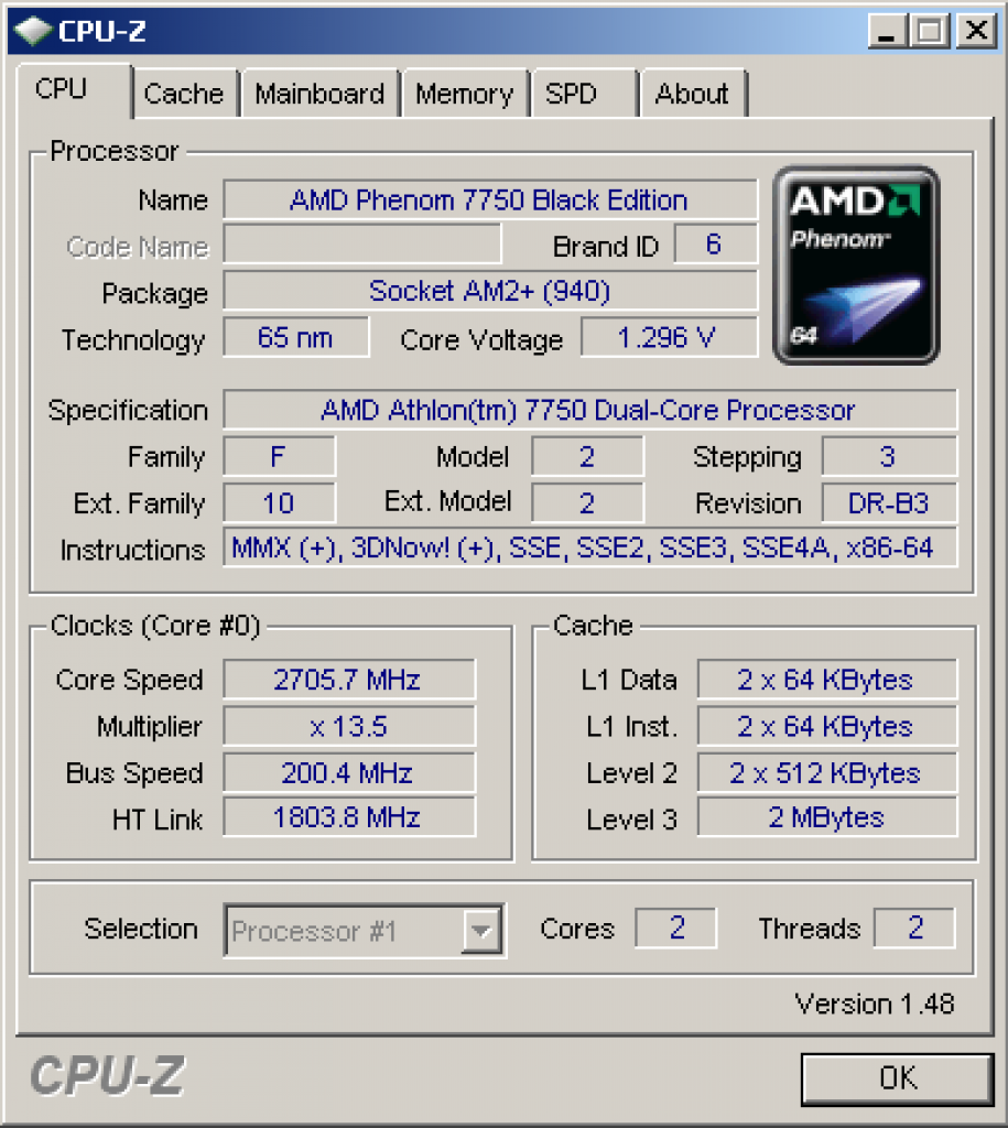 [14/12/2008] CPU-Z: Athlon X2 7750 BE mit Standardtakt (2,7 GHz)
