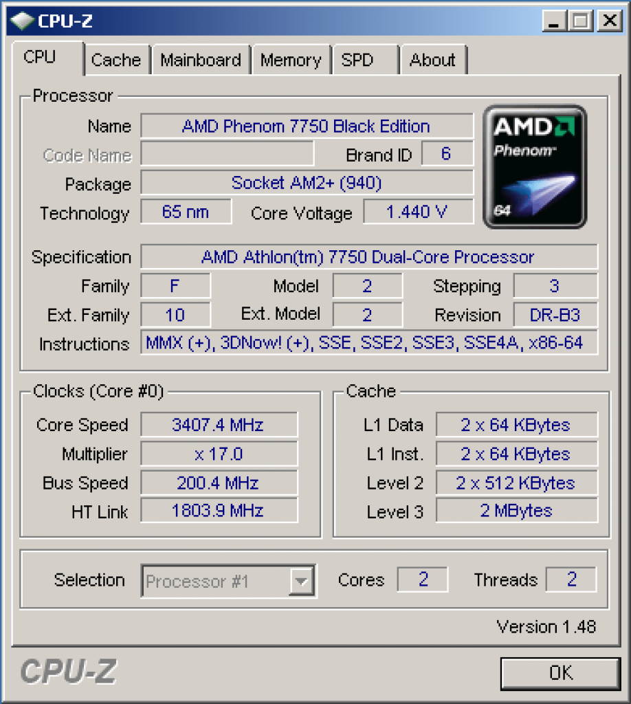 [14/12/2008] CPU-Z: Athlon X2 7750 BE mit OC-Takt (3,4 GHz)