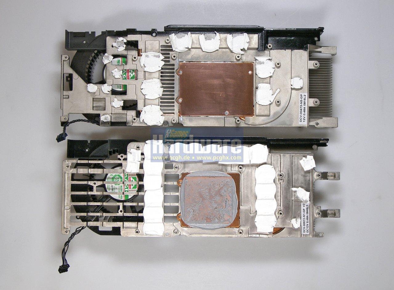 [08/01/2009] Geforce GTX 285 - der neue Kühler (unten) ist gegenüber dem oben abgebildeten GTX-280-Modell etwas abgespeckt.