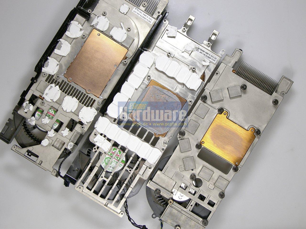 [08/01/2009] Geforce GTX 285: Kühler im Vergleich mit den Modellen der GTX 280 (oben links) und 8800 GTS 512 (unten links)