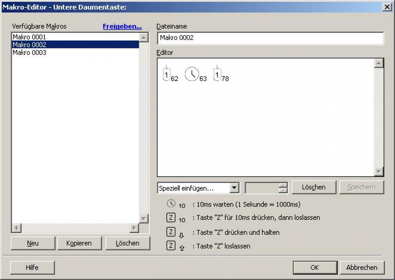 [13/01/2009] Sidewinder X8 Software - auf die Tasten lassen sich Makros mit manueller Zeiteinstellung legen.