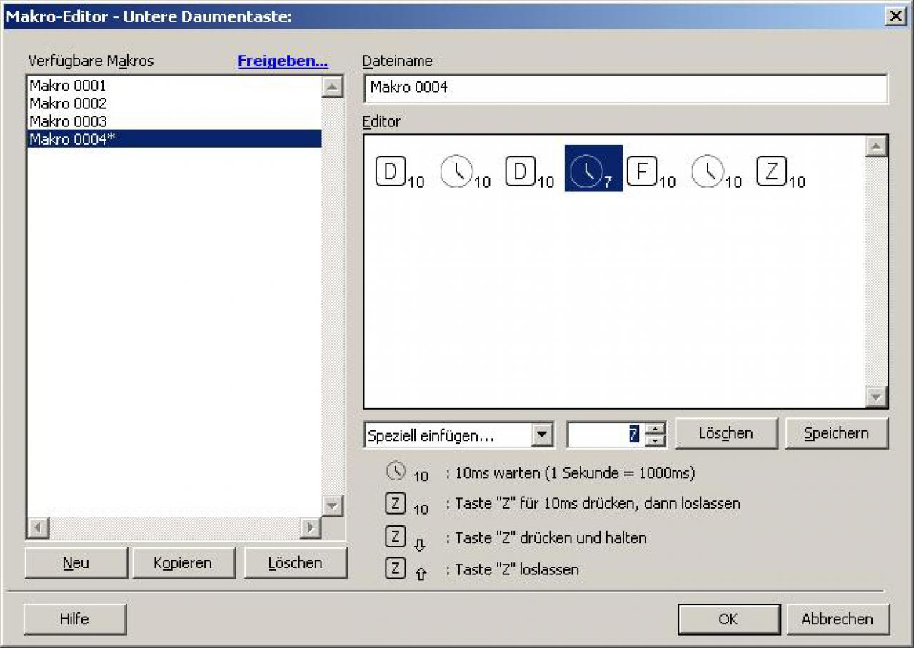 [13/01/2009] Sidewinder X8 Software - auf die Tasten lassen sich Makros mit manueller Zeiteinstellung legen.