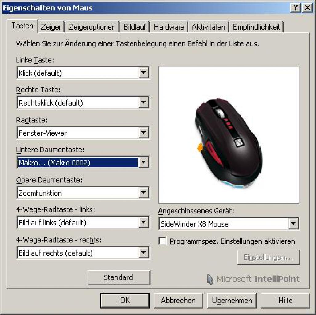 [13/01/2009] Sidewinder X8 Software: Die meisten Knöpfe sind frei belegbar.