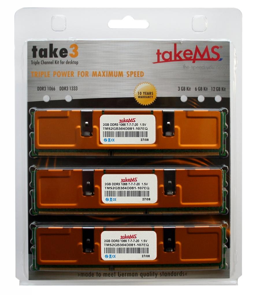 [02/01/2009] Take MS 3MS6GB364D081-107: 3 x 2.048 MiByte DDR3-1066, 7-7-7-20 für rund 120 Euro