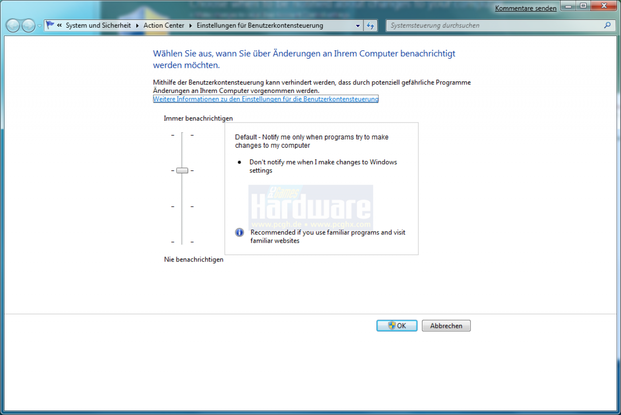 [10/01/2009] Die Sensibilität der Benutzerkontensteuerung (UAC) kann von Anwender in Windows 7 selbst bestimmt werden.