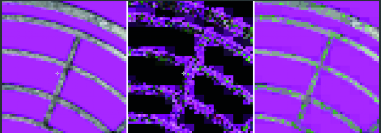 DirectX 11 - Texturkompression Orginal (links) vs. BC3-Format (rechts). Der absolute Fehler ist in der Mitte visualisiert.