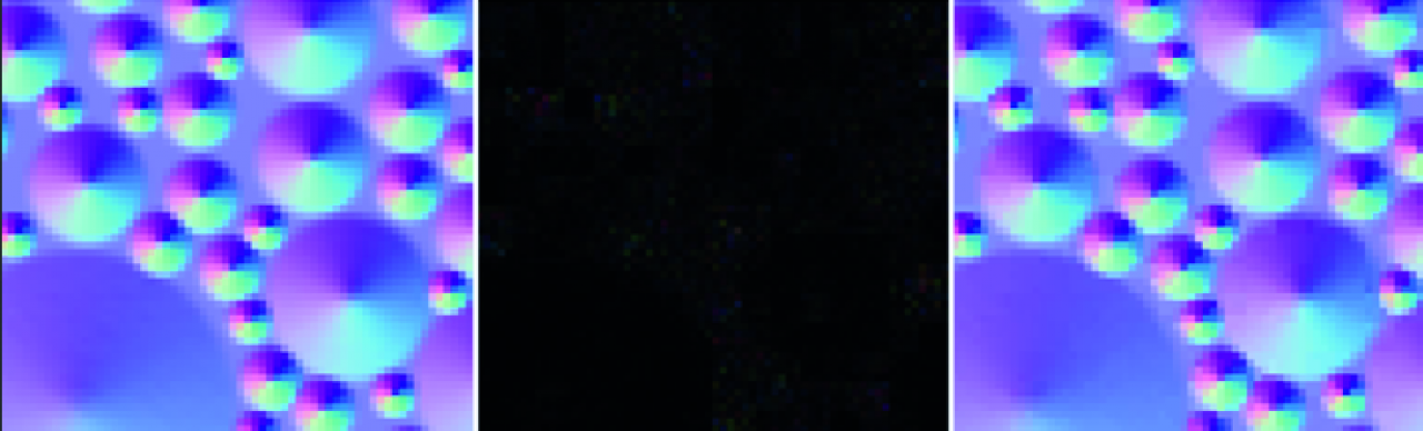 DirectX 11 - Texturkompression Orginal (links) vs. BC7-Format (rechts). Der absolute Fehler ist in der Mitte visualisiert.
