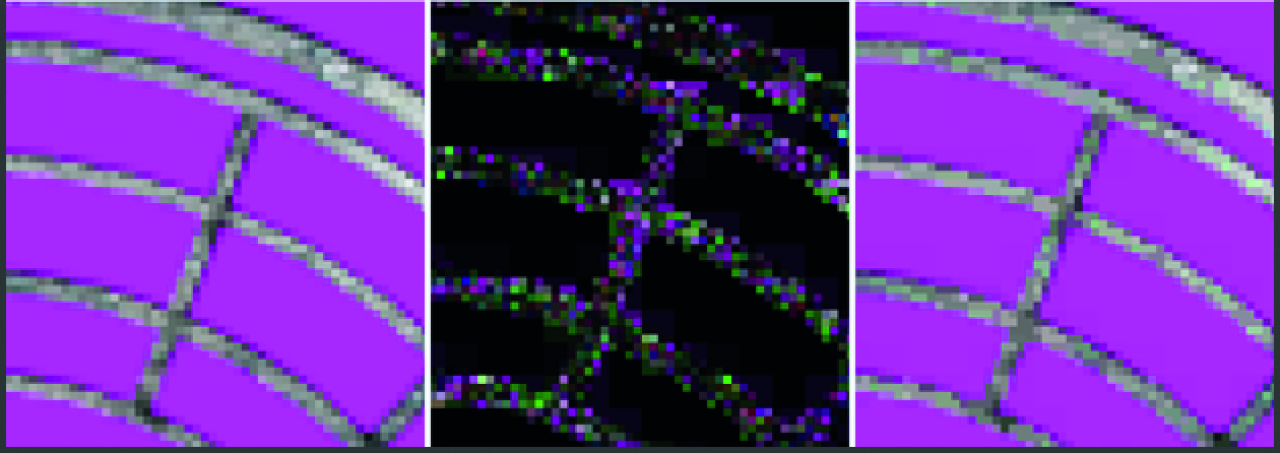 DirectX 11 - Texturkompression Orginal (links) vs. BC7-Format (rechts). Der absolute Fehler ist in der Mitte visualisiert.