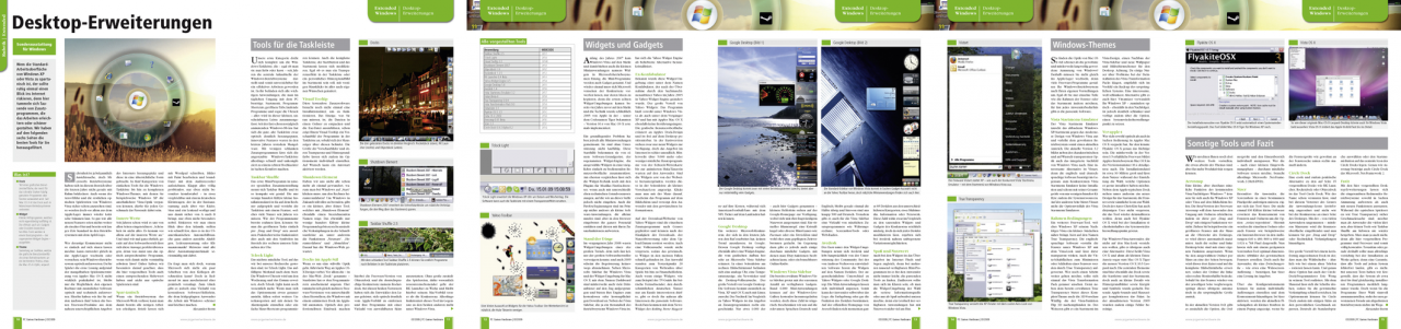 [03/02/2009] Wem die Standard-Arbeitsoberfläche von Windows XP oder Vista zu spartanisch ist, der sollte ruhig einmal einen Blick ins Internet riskieren, denn hier tummeln sich Tausende von Zusatzprogrammen, die das Arbeiten erleichtern oder schöner gestalten. Wir haben auf sechs Seiten die besten Tools für Sie herausgefiltert.